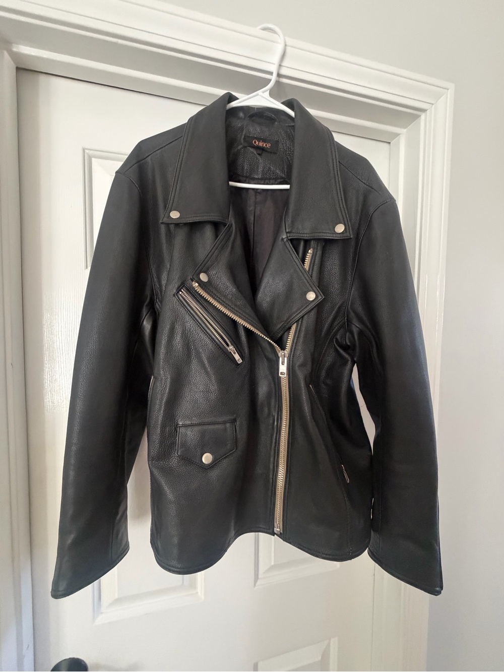 Quince Black Leather Moto Jacket with Silver Hardware